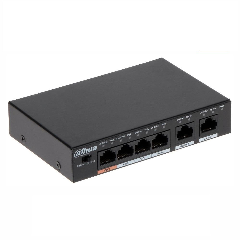 Switch de red Dahua negro con ocho puertos Ethernet para cableado estructurado y redes