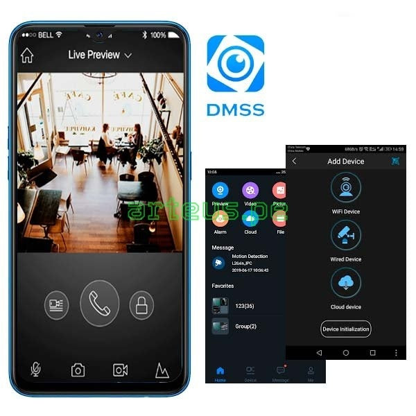 Vista previa de cámara de seguridad en app DMSS móvil, opciones de control y configuración.