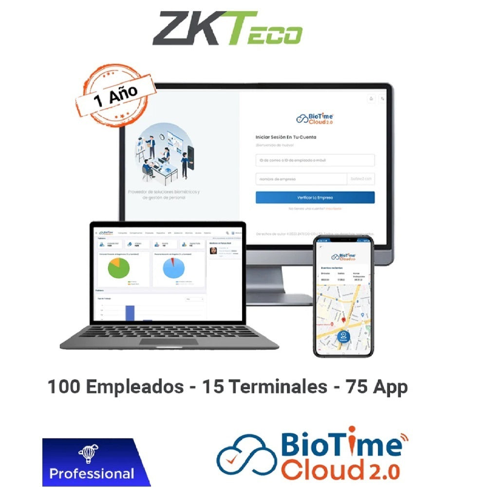 ZKTECO BIOTIMECLOUD 2.0 PROFESIONAL Licencia de Asistencia en Nube 100 Usuarios ZKT0820133