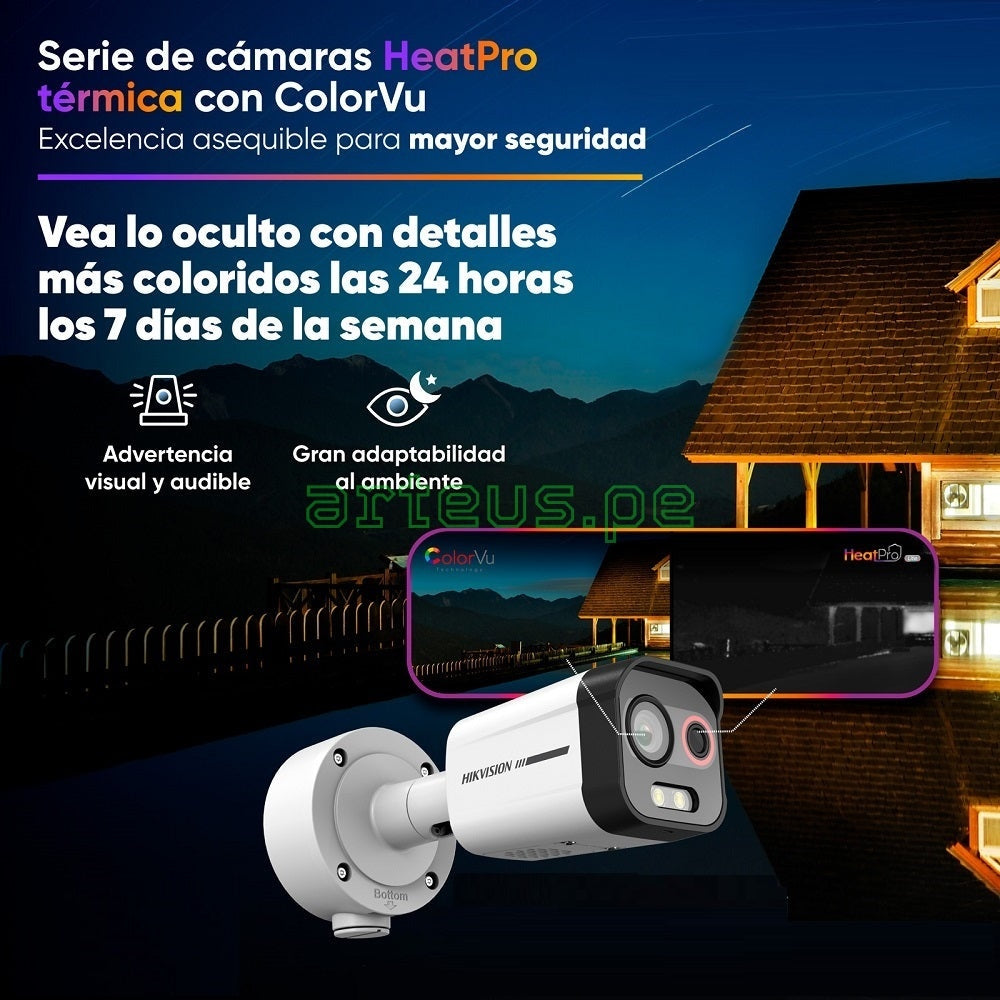 HIKVISION DS-2TD2617-6/QA Cámara de seguridad IP térmico y óptico 4MP tubo sirena y luz de alerta IR40