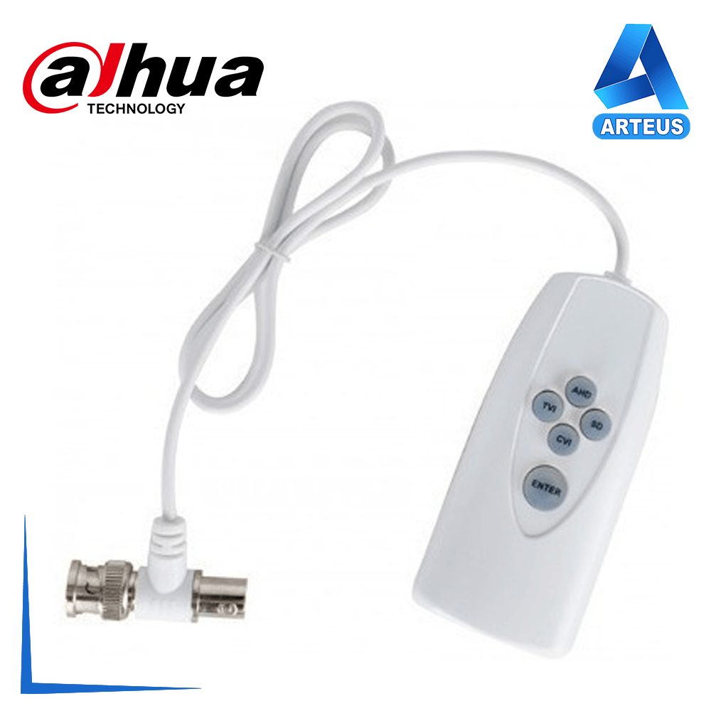 Controlador UTC blanco de mano con cable y conector BNC para cámaras de videovigilancia.