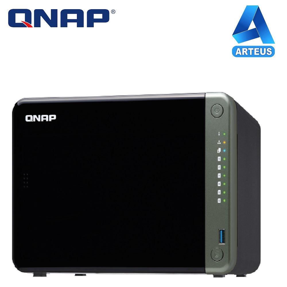 Servidor NAS de escritorio QNAP TS-653D-8G, 4 bahías, color negro con panel frontal y luz LED.