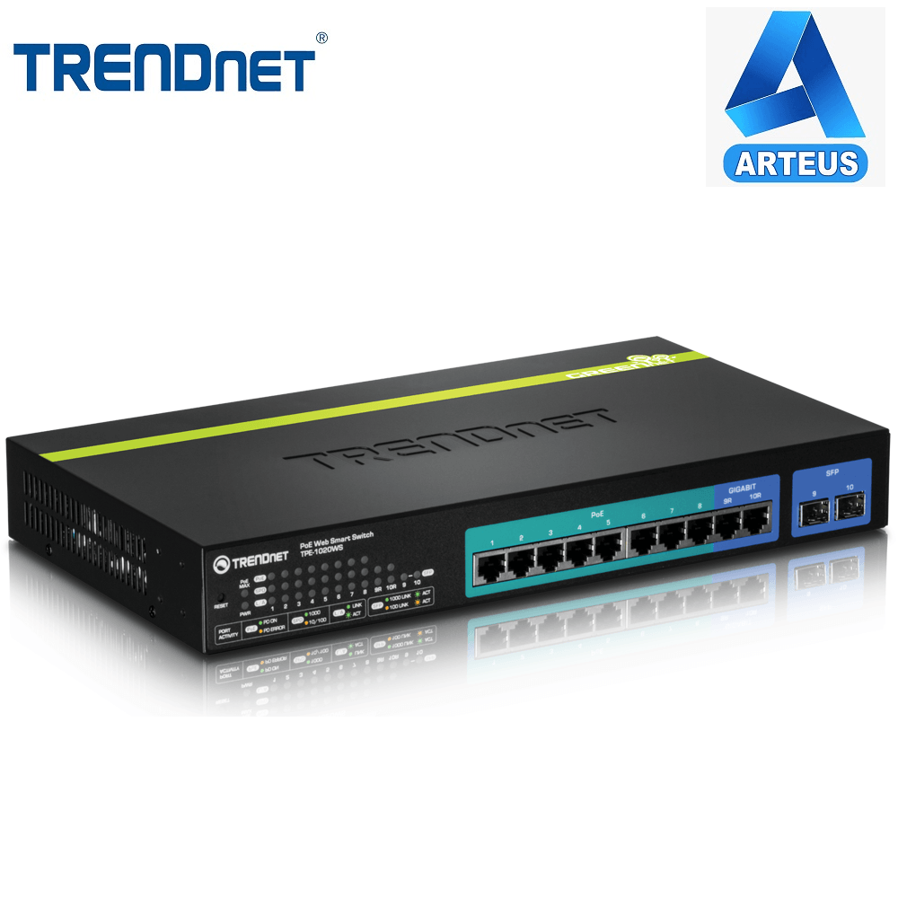 Switch web smart PoE gigabit de 10 puertos Trendnet, con 8 puertos PoE y 2 SFP para fibra óptica.