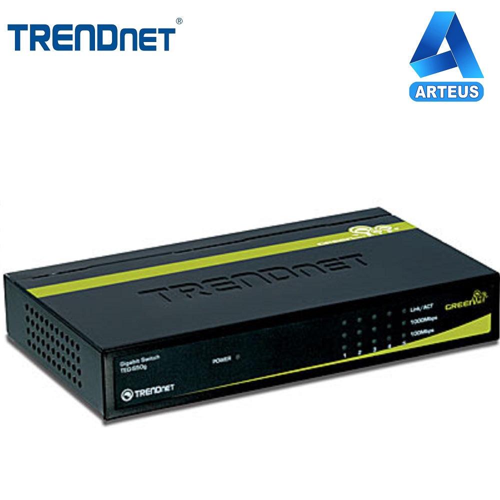 Switch Ethernet TRENDnet de 5 puertos gigabit con carcasa metálica, ideal para redes LAN