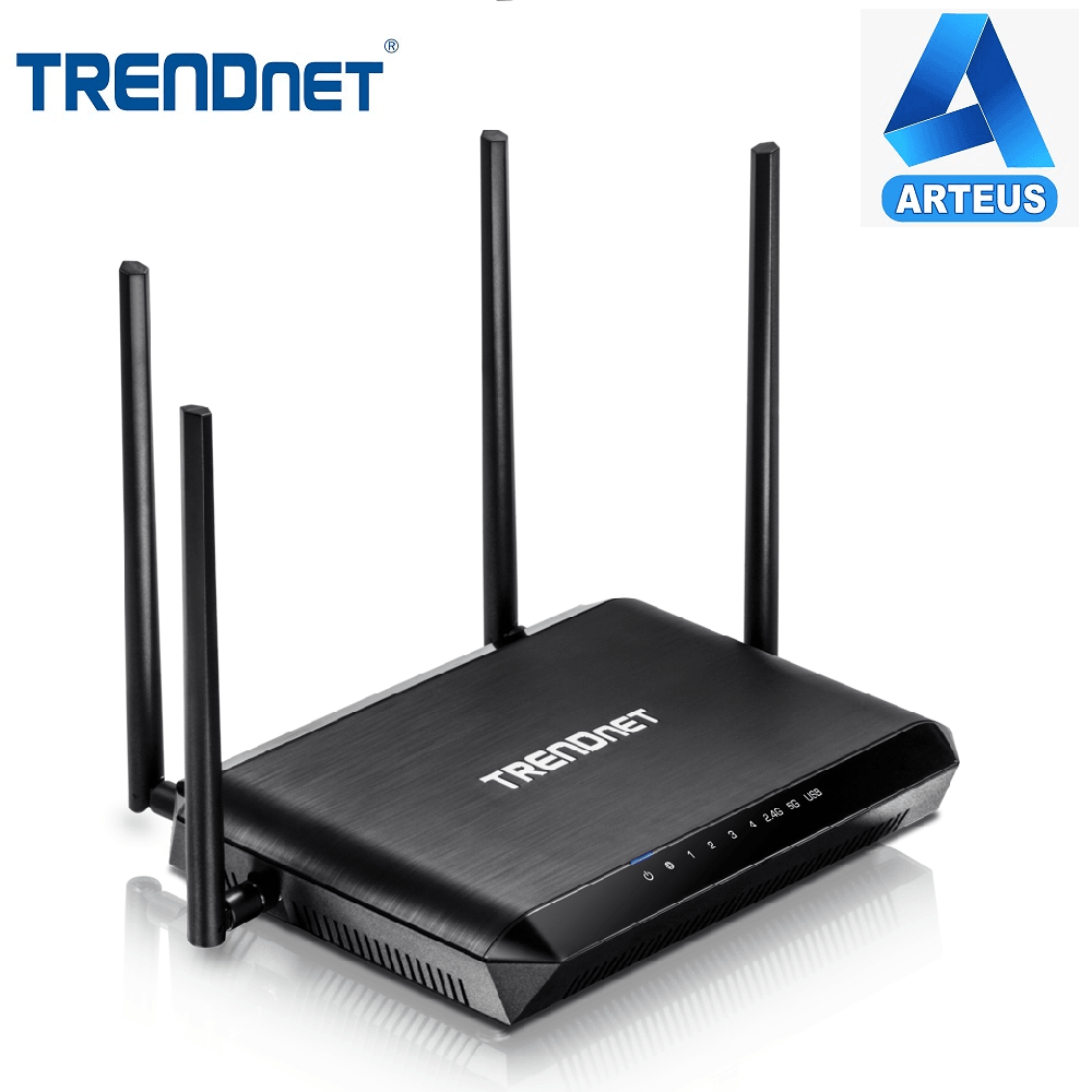 Router WiFi negro con cuatro antenas, modelo TRENDnet TEW-827DRU, vista frontal
