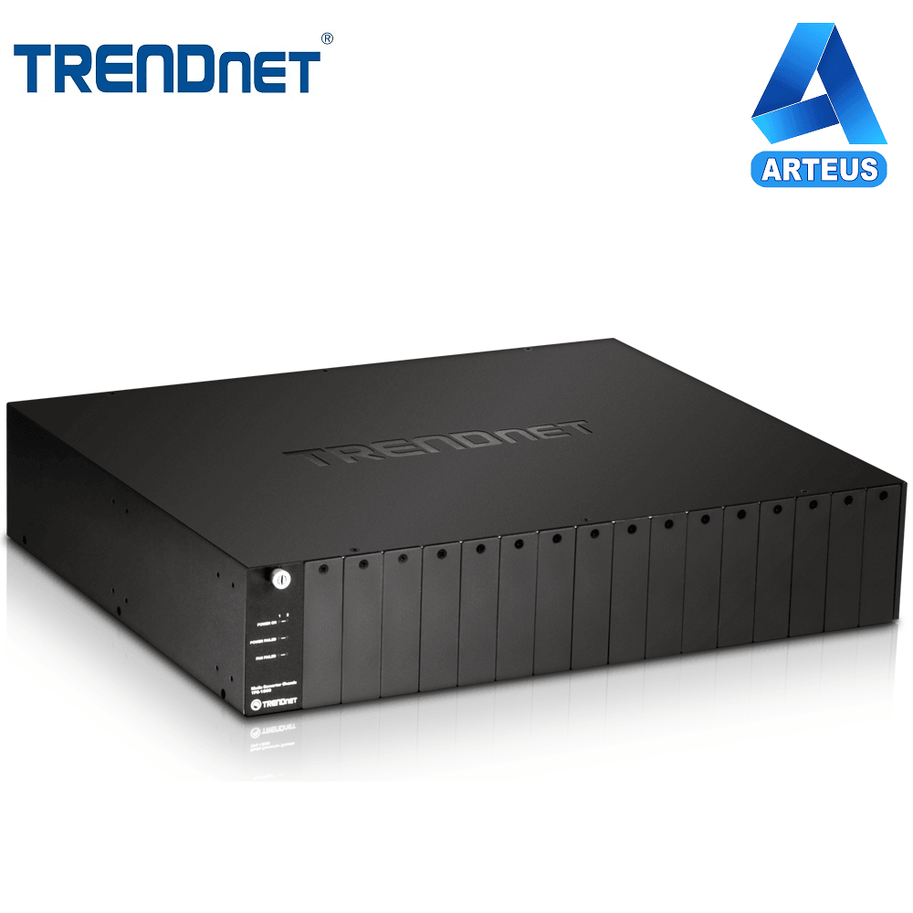 Chasis convertidor de fibra óptica de 16 bahías para redes, color negro, marca Trendnet.