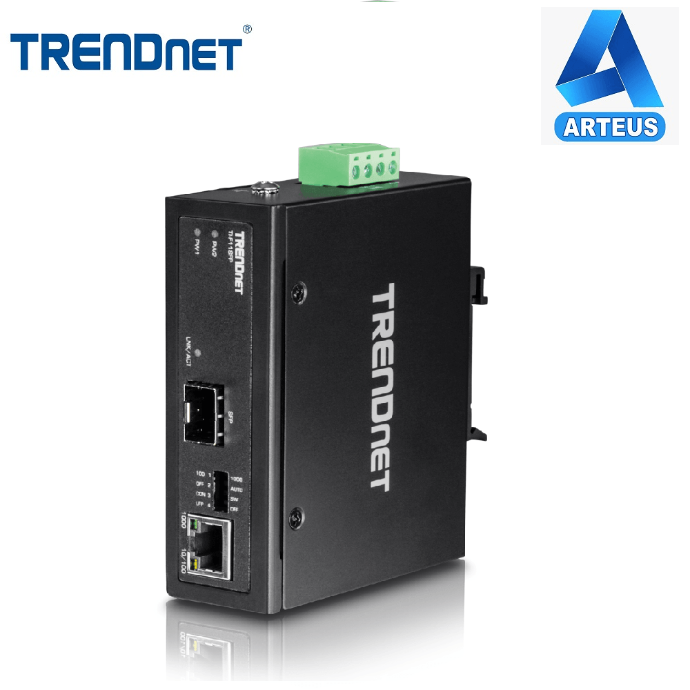 Convertidor de medios industrial TRENDnet TI-F11SFP con puerto SFP y Ethernet en negro.