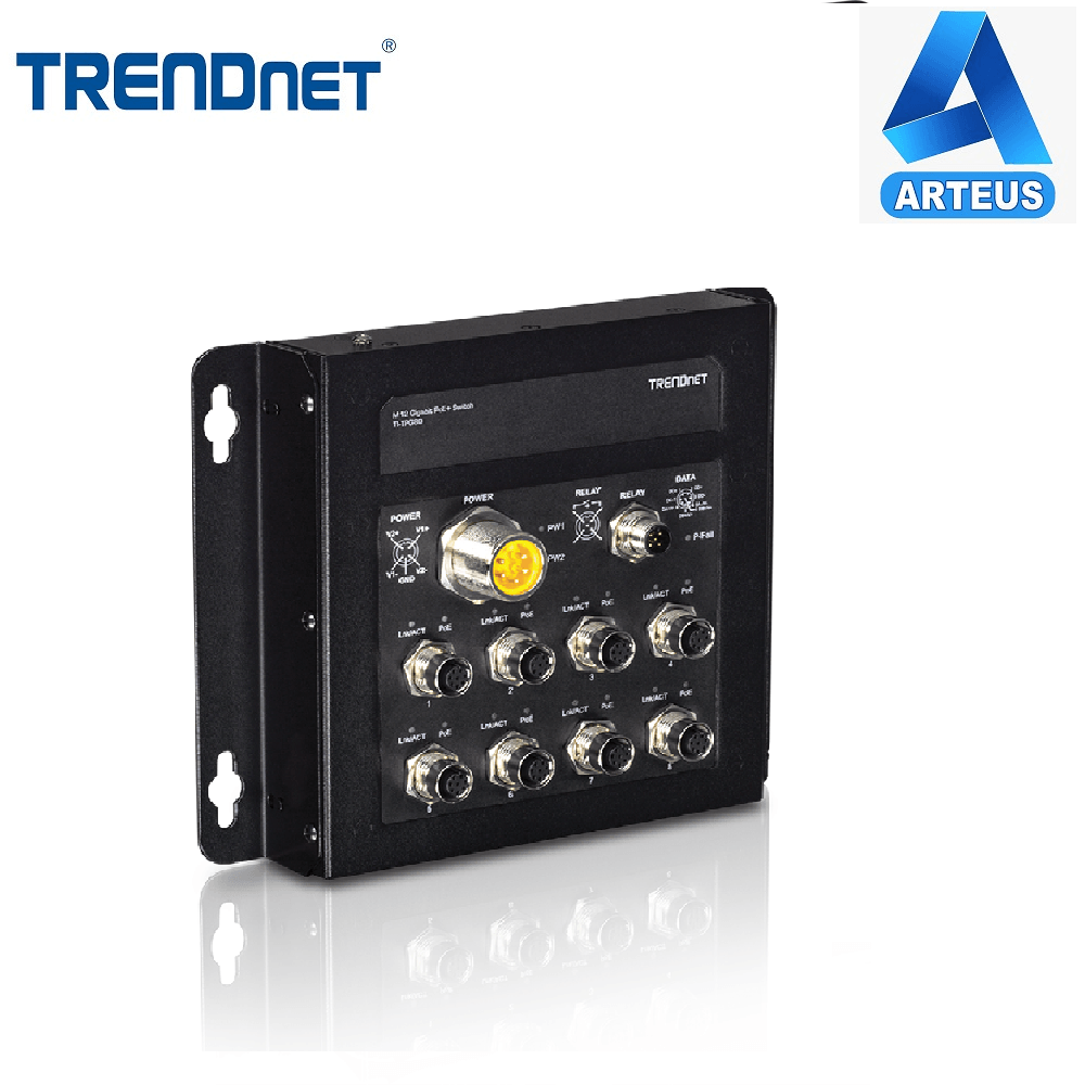 Switch industrial TRENDnet TI-TPG80 de 8 puertos Gigabit PoE con conectores M12 metálico