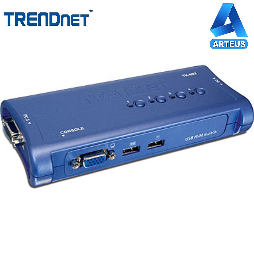 Switch KVM TRENDnet de 4 puertos VGA y USB, color azul, con botones frontales y puertos visibles.