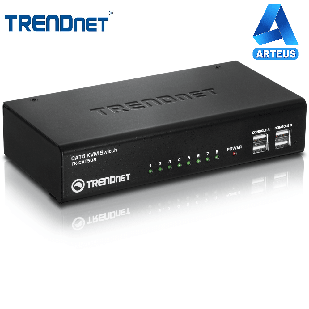 Switch KVM Trendnet de 8 puertos CAT5, dispositivo de red con indicadores LED y puertos USB