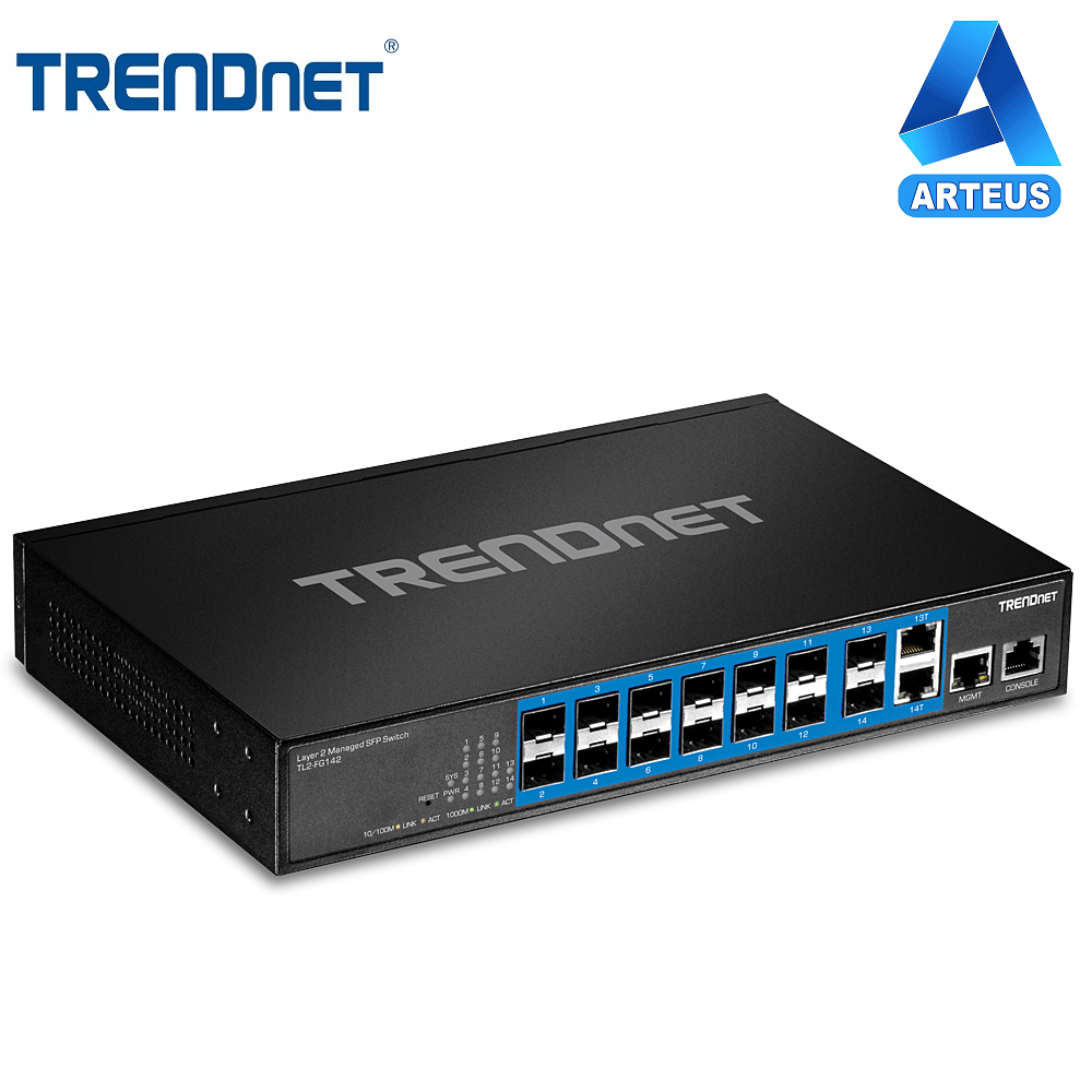 Switch administrable Trendnet 14 puertos SFP Gigabit y 2 RJ45 para redes empresariales