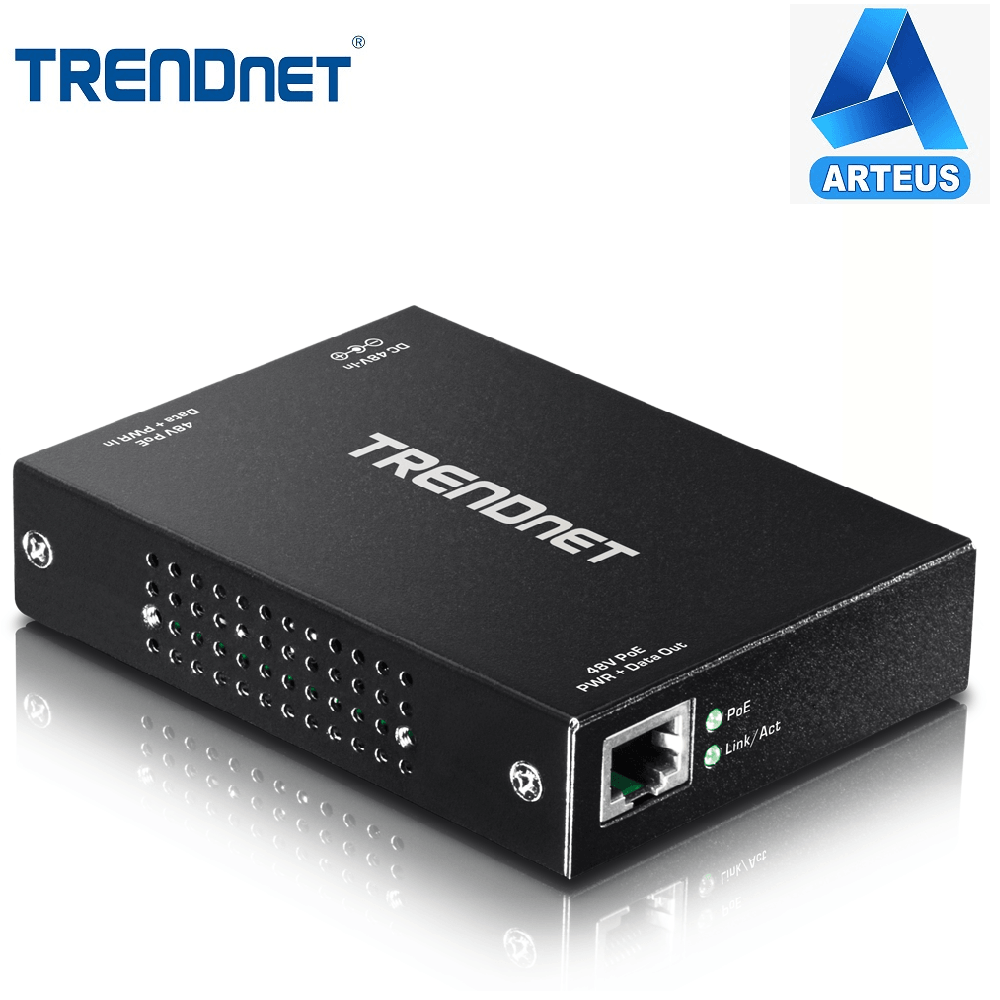 Repetidor Gigabit PoE negro con puerto Ethernet, ideal para redes y cableado estructurado