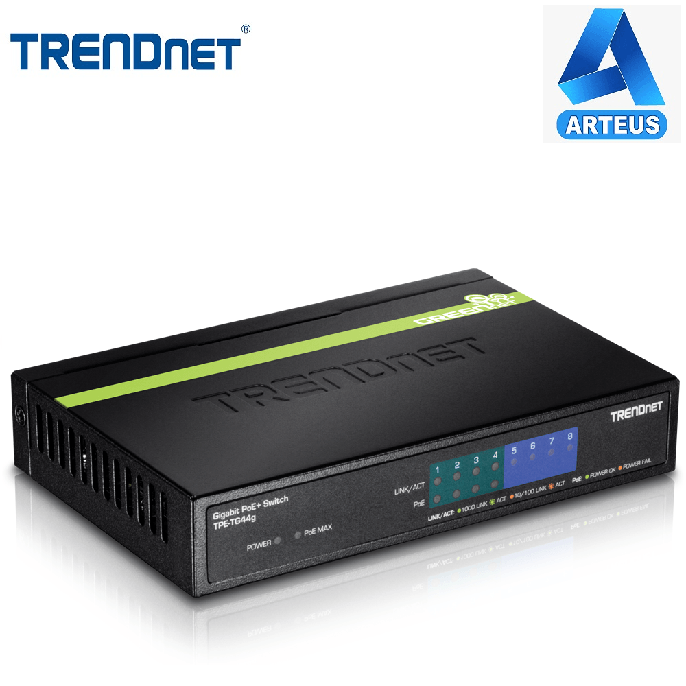 Switch Gigabit PoE de 8 puertos TRENDnet TPE-TG44G negro, ideal para redes y cableado estructurado