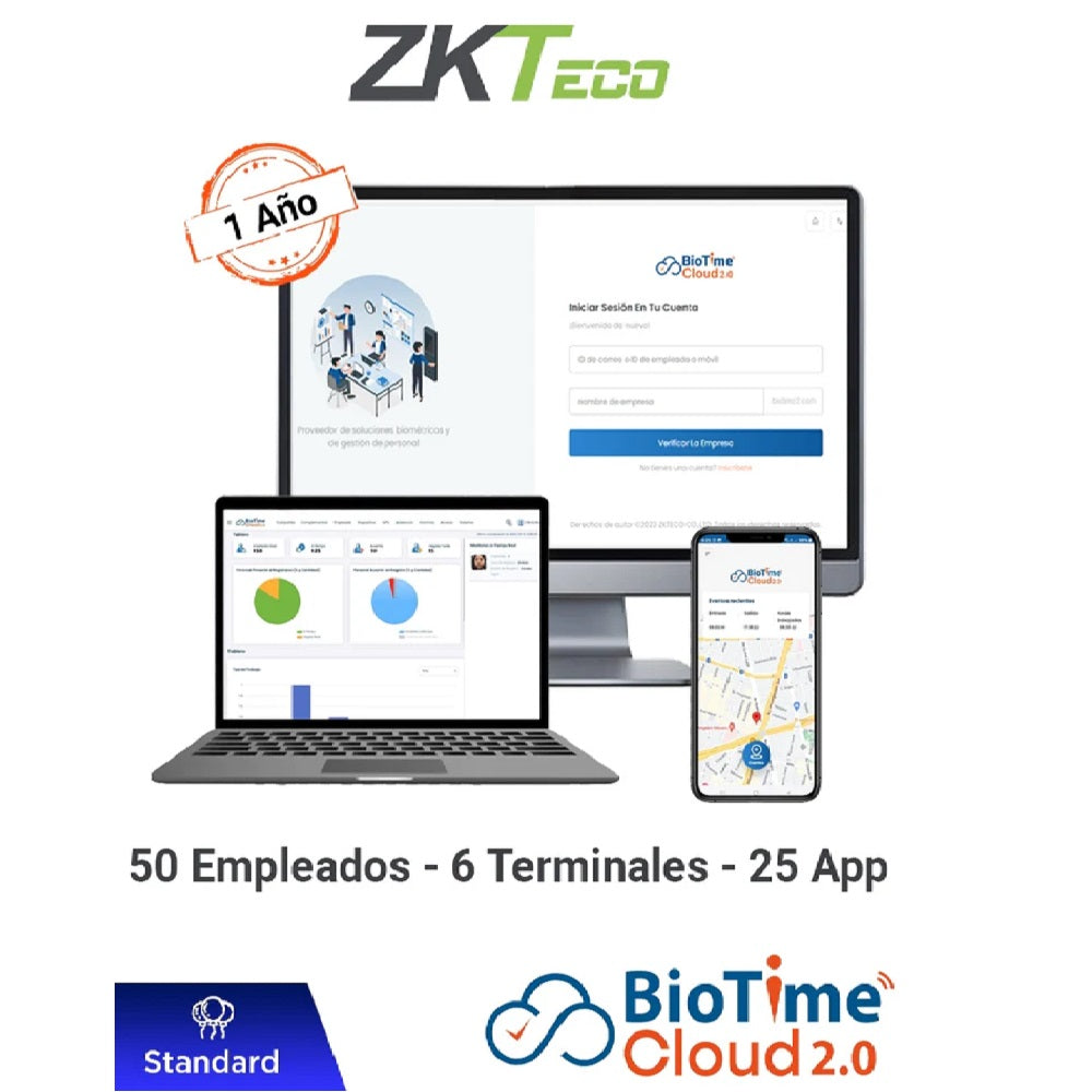 ZKTECO BIOTIMECLOUD 2.0 STANDARD Licencia de Asistencia en Nube 50 Usuarios ZKT0820132