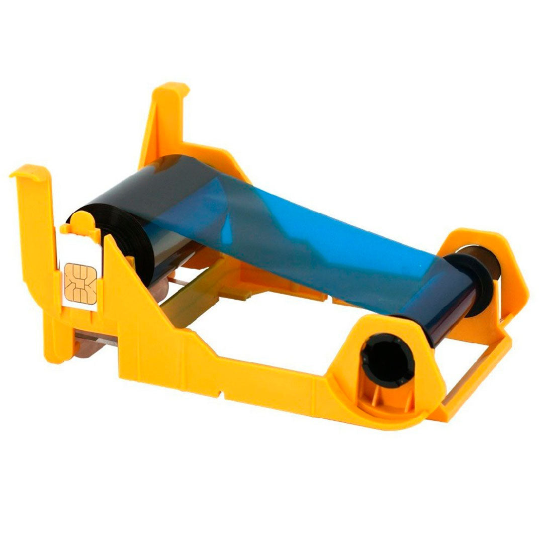 Cinta de impresión azul y negra para impresora de tarjetas, soporte amarillo, chip visible