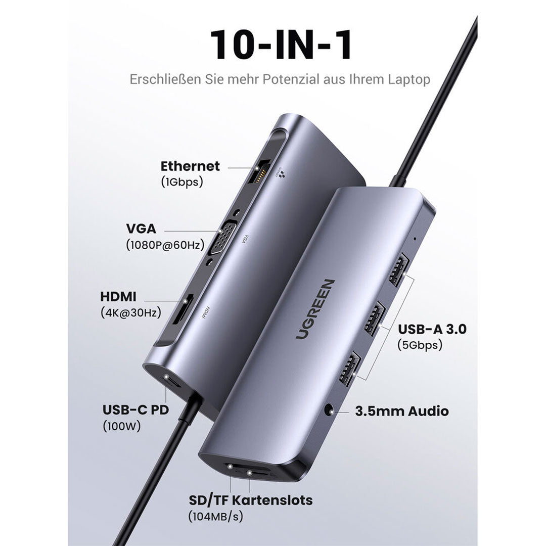 UGREEN CM179 80133 Adaptador HUB USB-C 10 en 1 con HDMI 4K y VGA