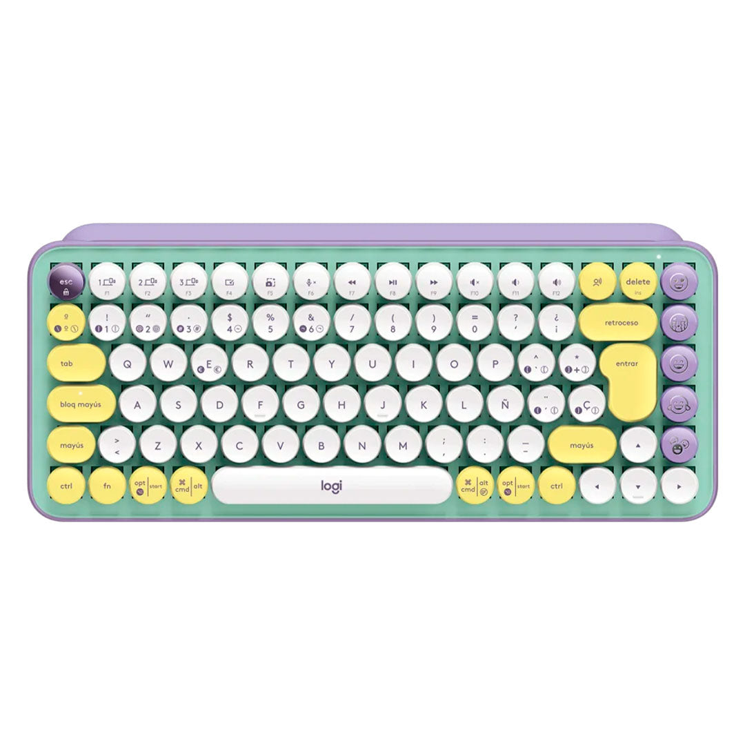 LOGITECH POP KEYS Teclado mecánico inalámbrico Switch Marrón, teclas de emojis personalizables, Lila y verde, 920-010714