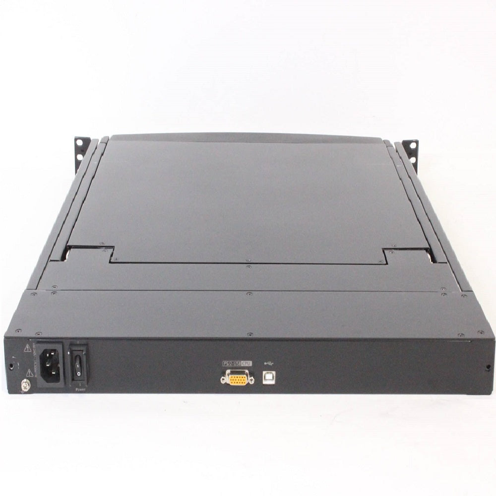 Consola KVM rackeable negra con conexiones VGA y USB para administración de servidores.