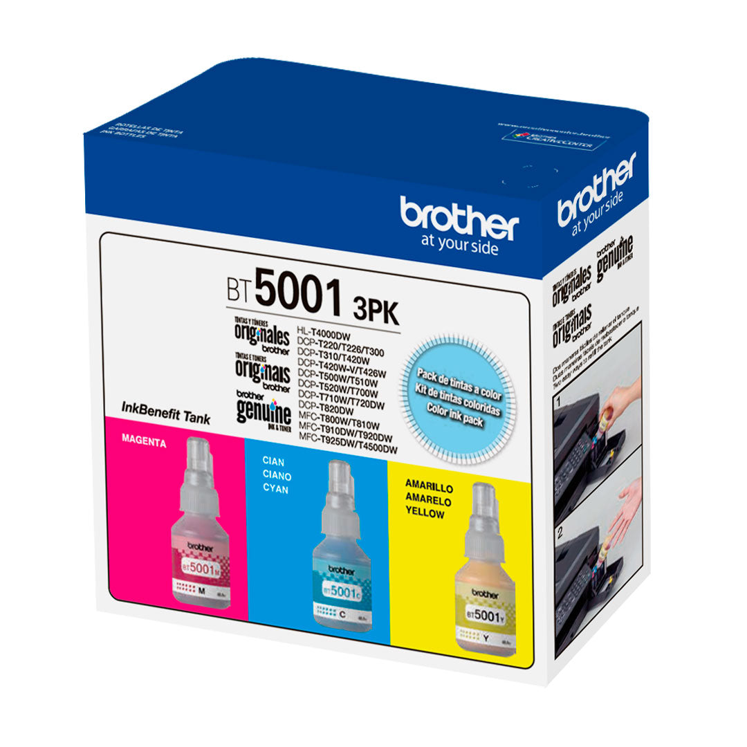 BROTHER BT5001 3PK Kit de 3 botellas de Tintas Cian, Magenta, Amarillo 48.8ml