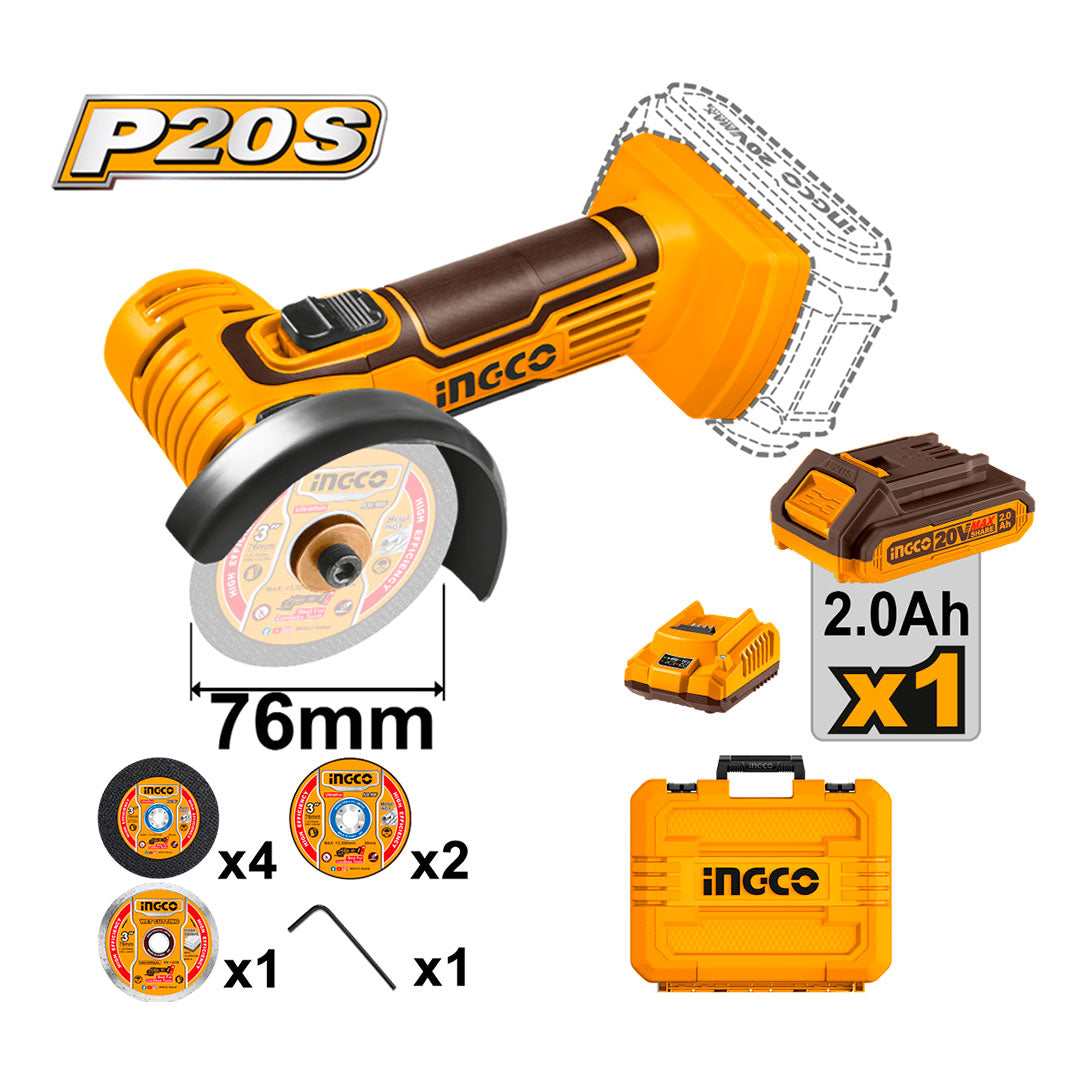 INGCO CAGLI76012 Mini Amoladora 20V 76mm + discos + llave +batería + cargador