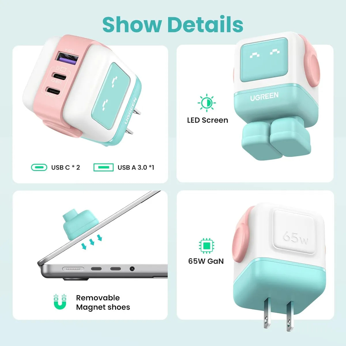 UGREEN  CD361 35856 Cargador UNO USB C Robot Nexode GaN 65W Carga Rápida