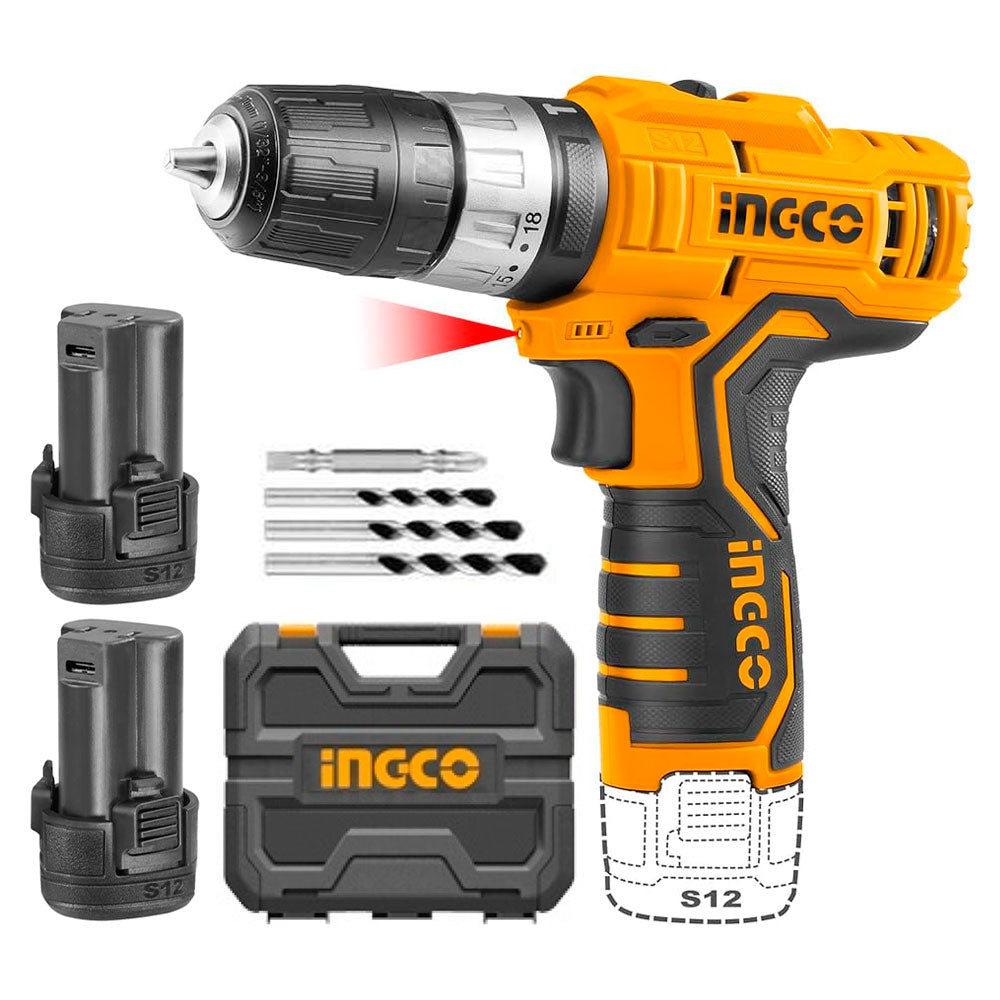 INGCO CIDLI12328 Taladro de impacto inalámbrico 2 baterías de 12v. + Maletín. 20 piezas