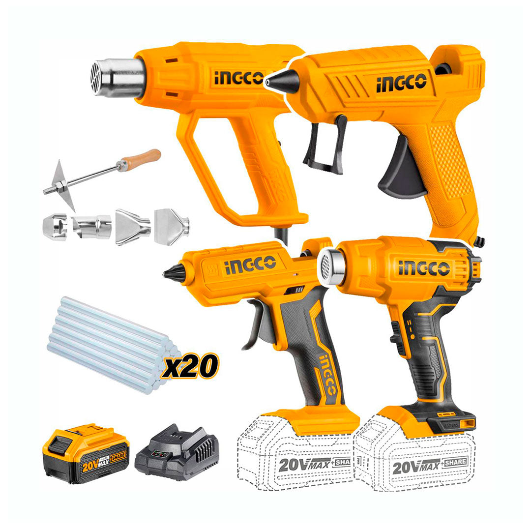 INGCO COSLI23021 Kit de pistolas de calor y pistolas de pegamento P20S HGLI2002 + HG200038 + CGGLI2001 + GG148 + HG200385