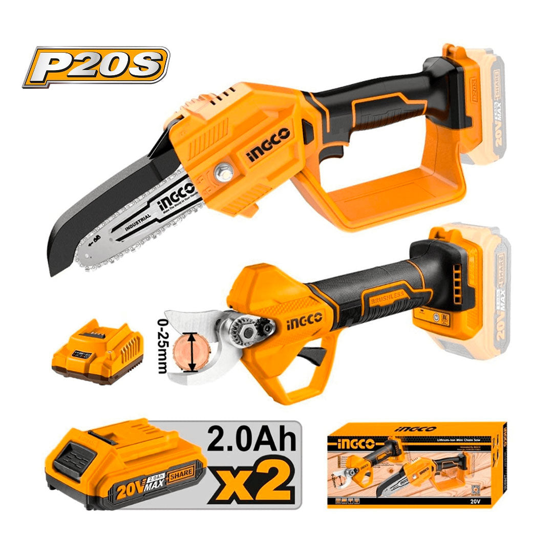 INGCO COSLI23065 Kit de tijera de podar inalámbrica y mini motosierra CSSLI20308 + CGSLI20581