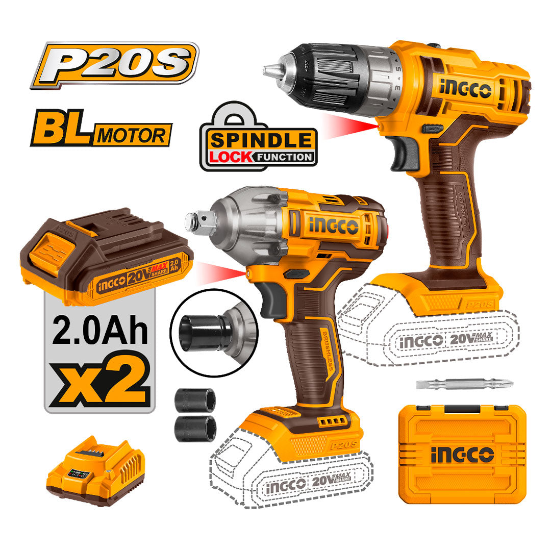INGCO COSLI230702 Kit de taladros CDLI200528 + CIWLI2038 + 2 baterías 2.0ah + cargador