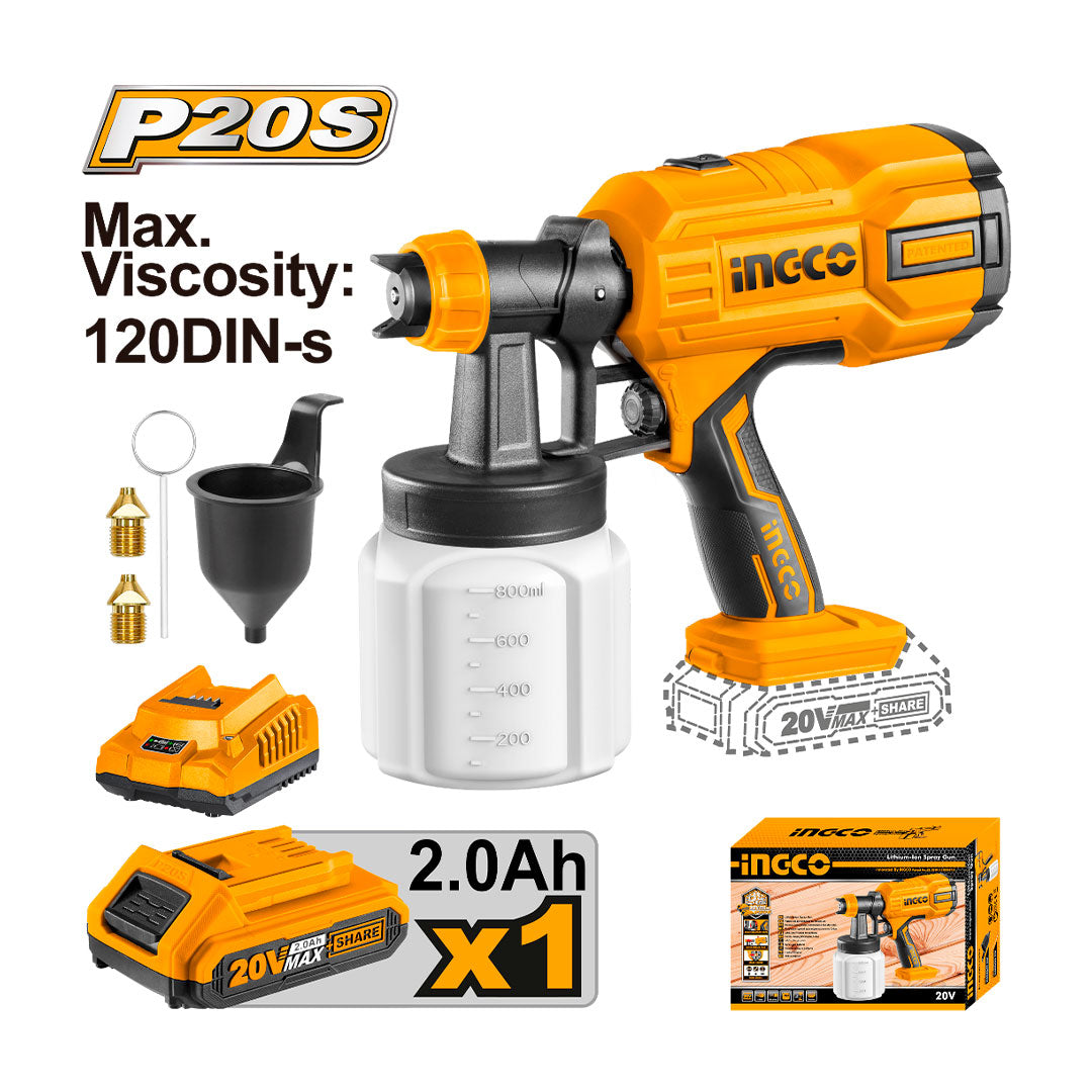 INGCO CSGLI20406 Pistola de pintura 20V 800ML inalámbrica + batería + accesorios