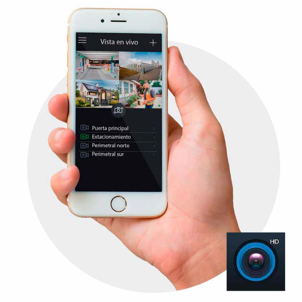 Mano sosteniendo smartphone con monitoreo de cámaras de seguridad HD en app de videovigilancia