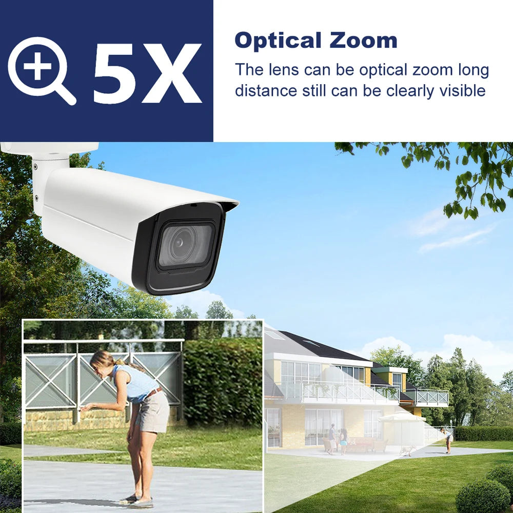 Cámara de videovigilancia con zoom óptico 5X monitoreando jardín y casa residencial