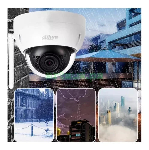 Cámara de seguridad domo Dahua resistente a lluvia, tormentas y niebla para videovigilancia.