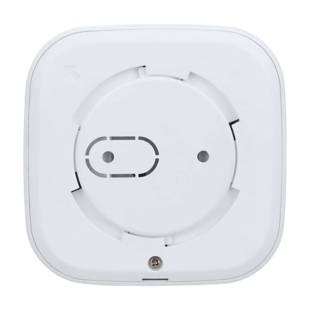 Vista trasera de detector de humo blanco para sistema de alarma y seguridad electrónica