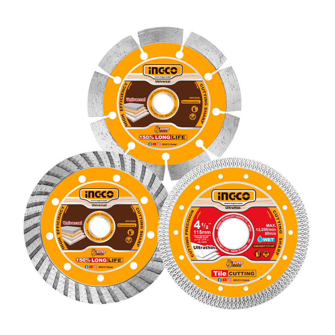 INGCO DMD063115 Set de Disco diamante seco, turbo y ultrafino 115mm (borde de malla)