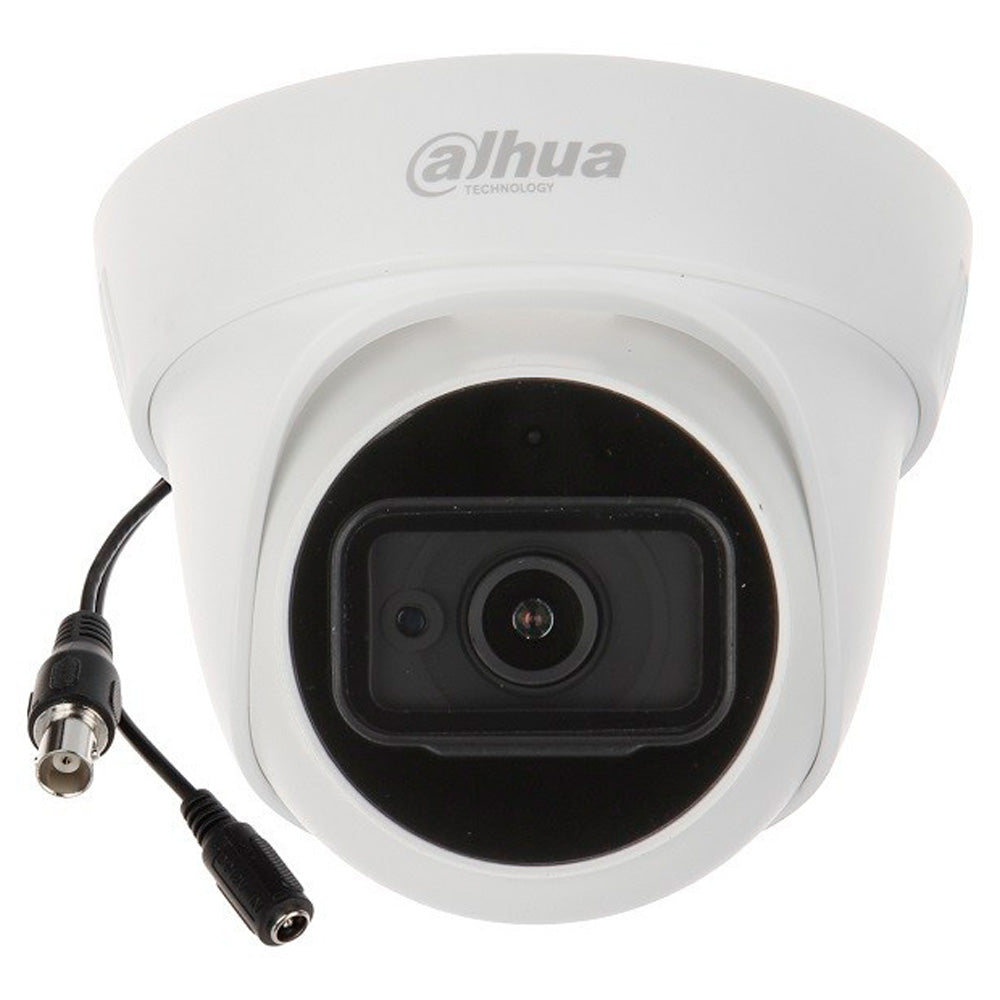 Cámara de videovigilancia domo Dahua blanca con lente visible y conectores de cableado