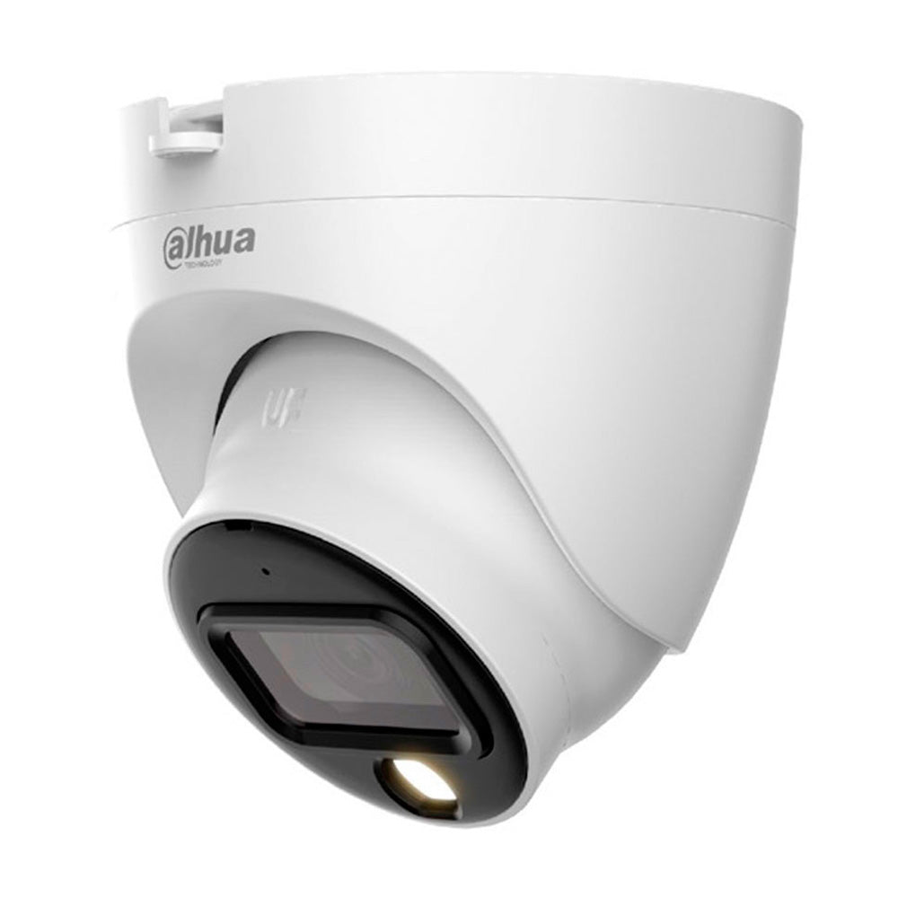 Cámara de seguridad domo blanca con lente angular y luz LED para videovigilancia.