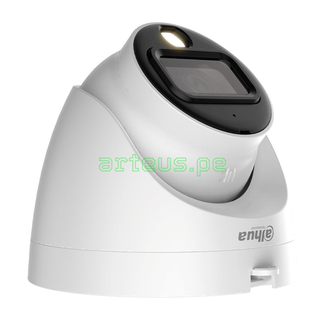 Cámara de seguridad domo Dahua con lente y LED, ideal para videovigilancia y monitoreo.