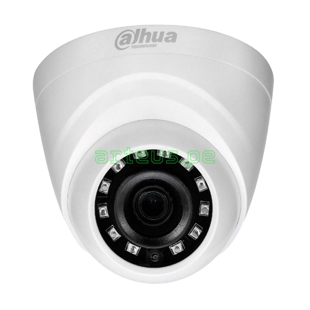 Cámara de seguridad tipo domo Dahua con visión nocturna y lente central, blanca