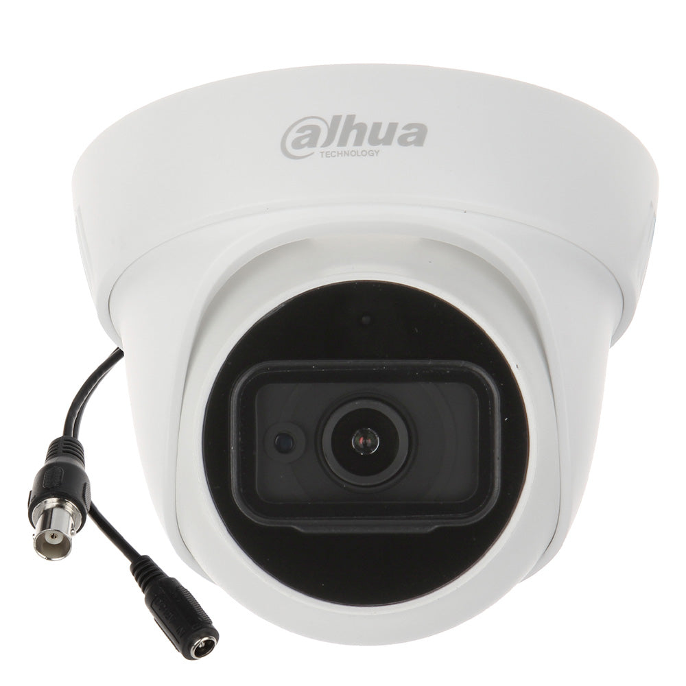 Cámara domo de videovigilancia HD blanca con lente frontal y conectores visibles