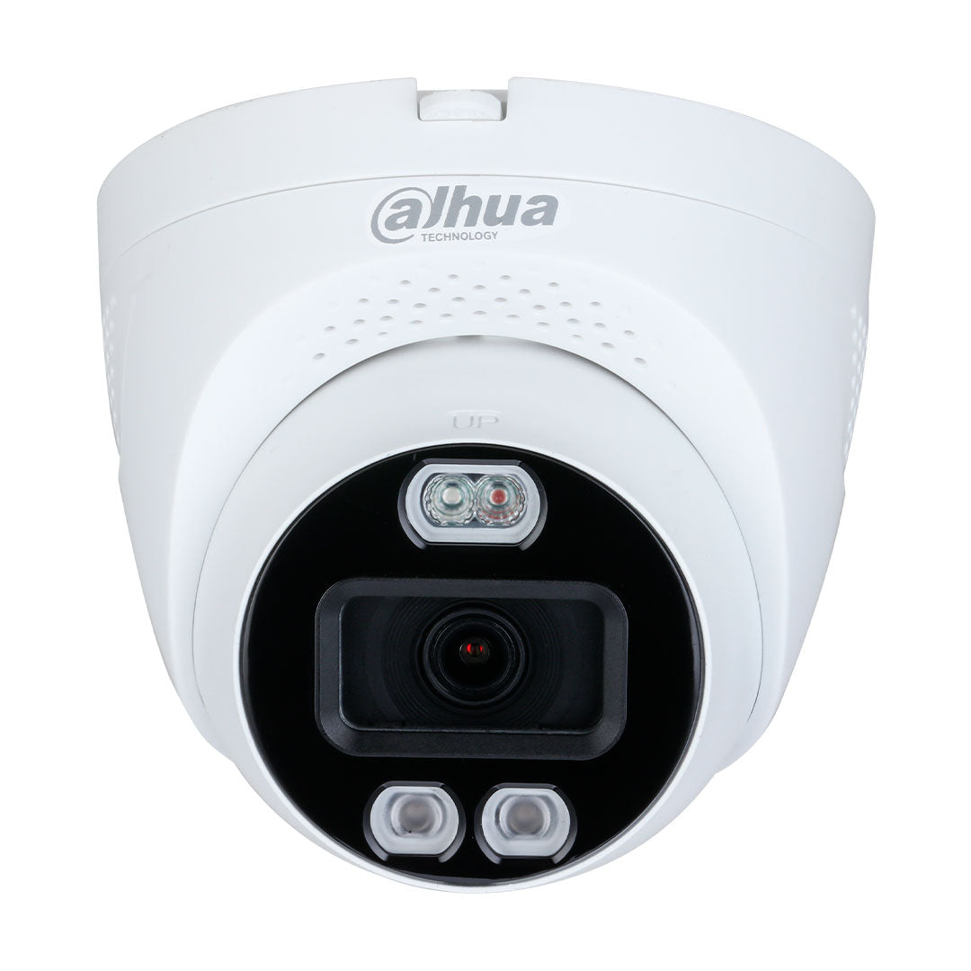 Cámara de videovigilancia domo blanca Dahua con lente, sensores y luz infrarroja