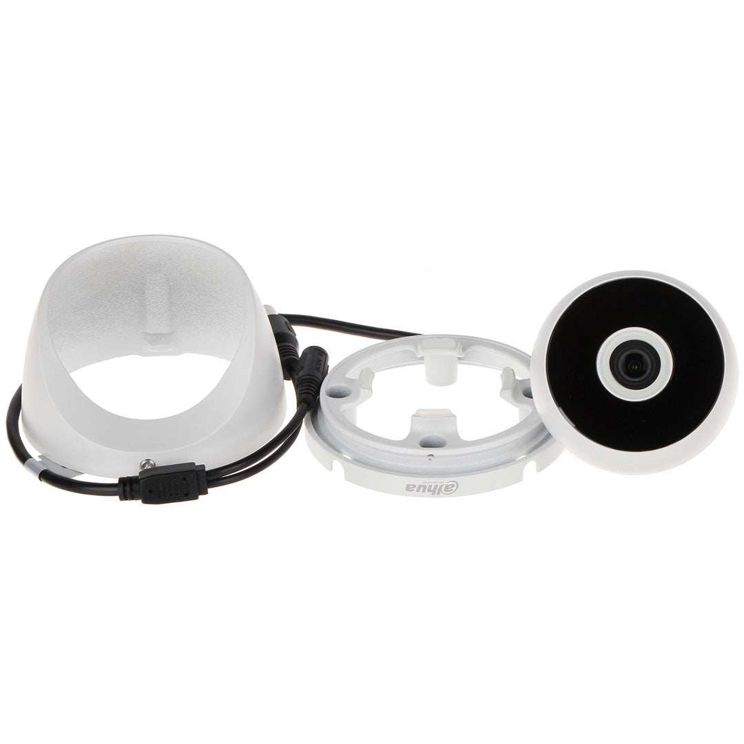 Cámara de seguridad tipo domo desmontada con lente, base y carcasa, ideal para videovigilancia