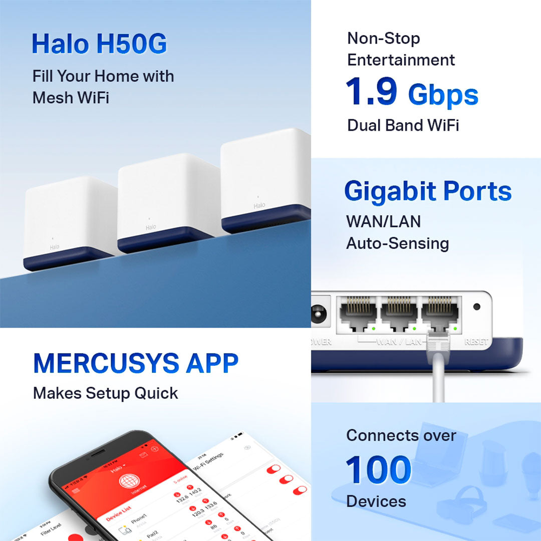 MERCUSYS HALO H50G 3-Pack Router Mesh WiFi5 AC1900 Doble Banda