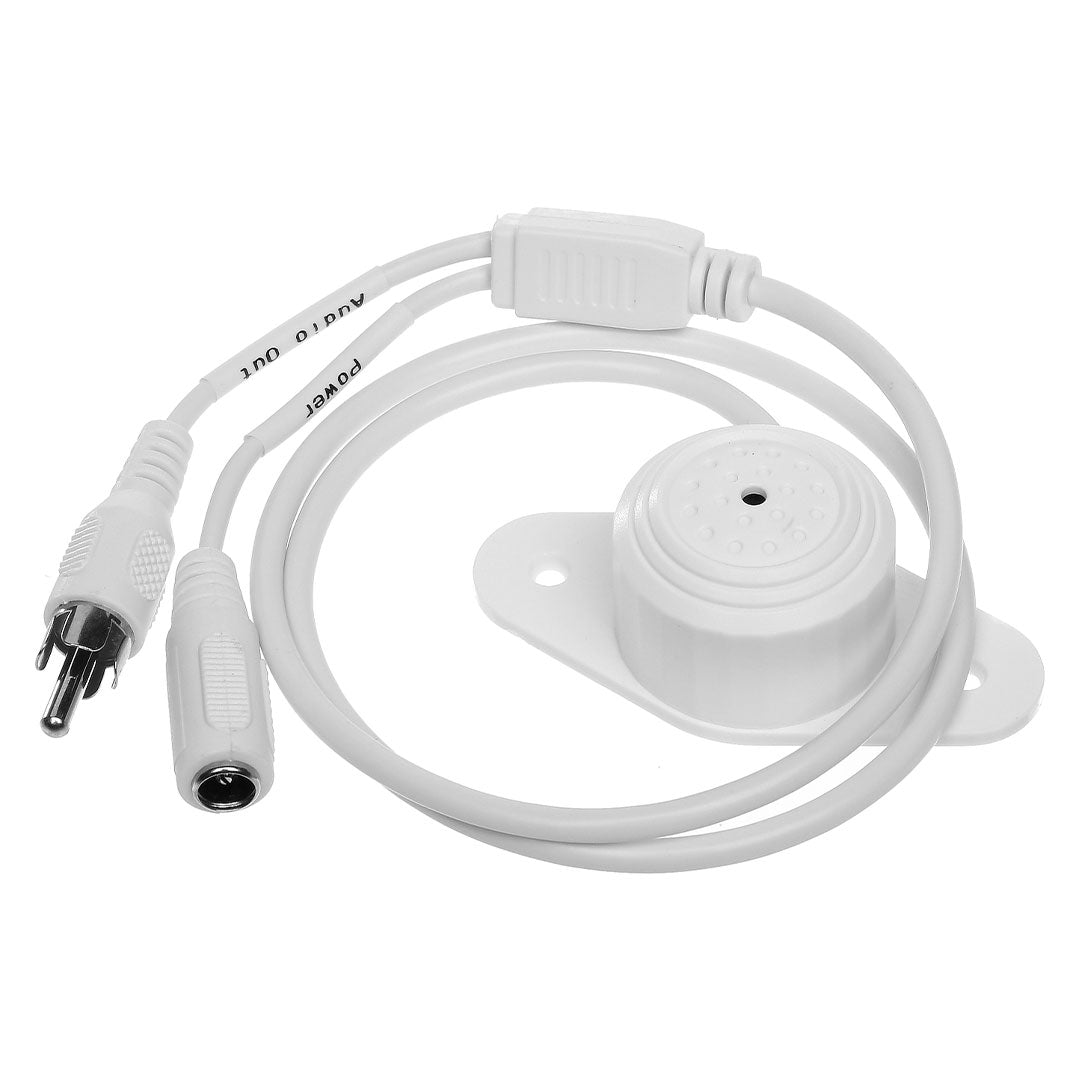 Micrófono de vigilancia blanco con cables de audio y alimentación para sistemas de seguridad
