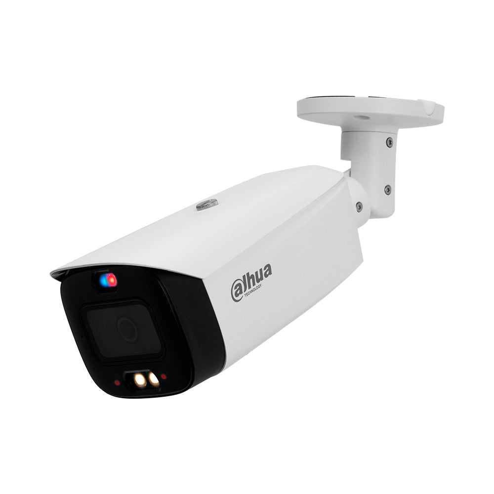 Cámara de seguridad tipo bala Dahua para videovigilancia exterior, con luces LED y micrófono.