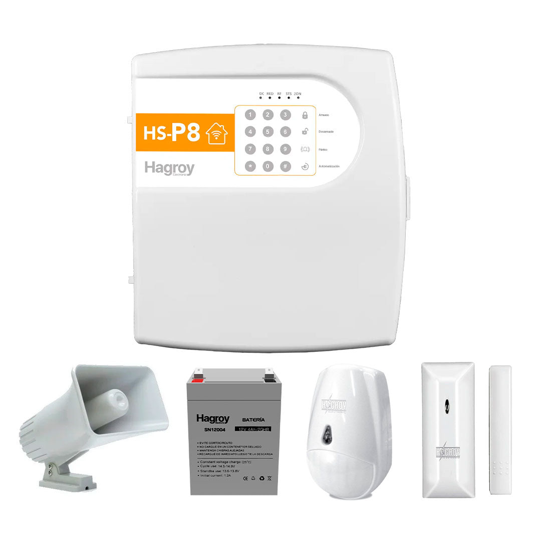 HAGROY KIT-HSP8-IN P8 Kit de Alarma Inalámbrico: P8, Sirena, Pir, Magnético, Llavero y Batería APP iHagroy