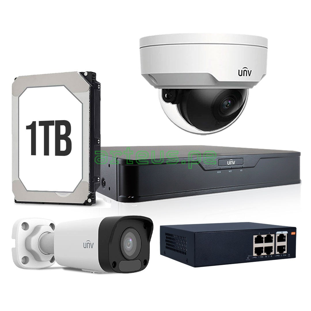 UNIVIEW KITIP-3 Kit cámara de seguridad IP 2MP: NVR 4ch+1Ext+1Int+1TB+Switch 6 POE