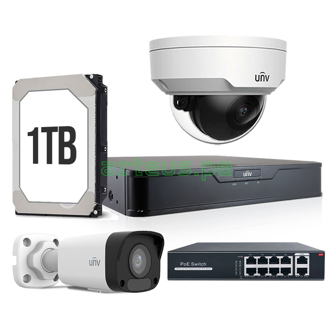 UNIVIEW KITIP-6 Kit cámara de seguridad IP 2MP: NVR 8ch+1Ext+1Int+1TB+Switch 8 POE
