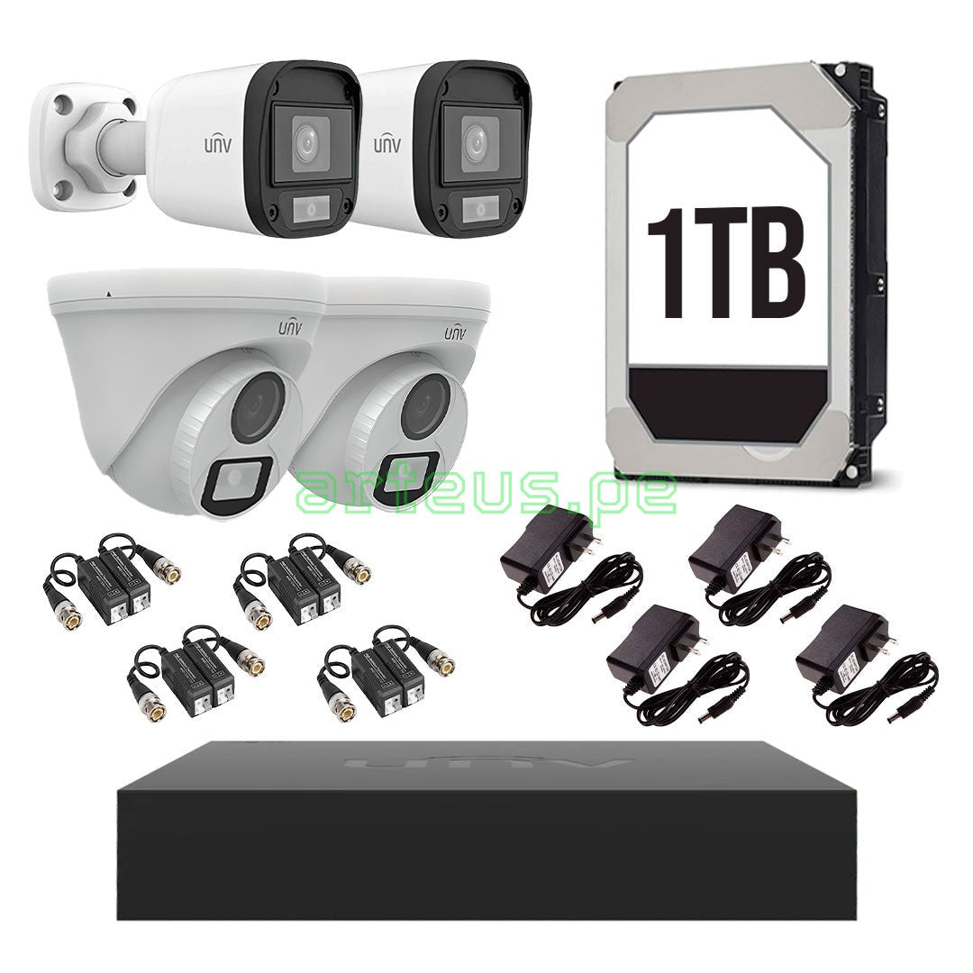 UNIVIEW KIT-TVI-2 Kit cámara de seguridad analógico 2MP: XVR 4ch+2Int+2Ext+1TB+4 balun+4Fte