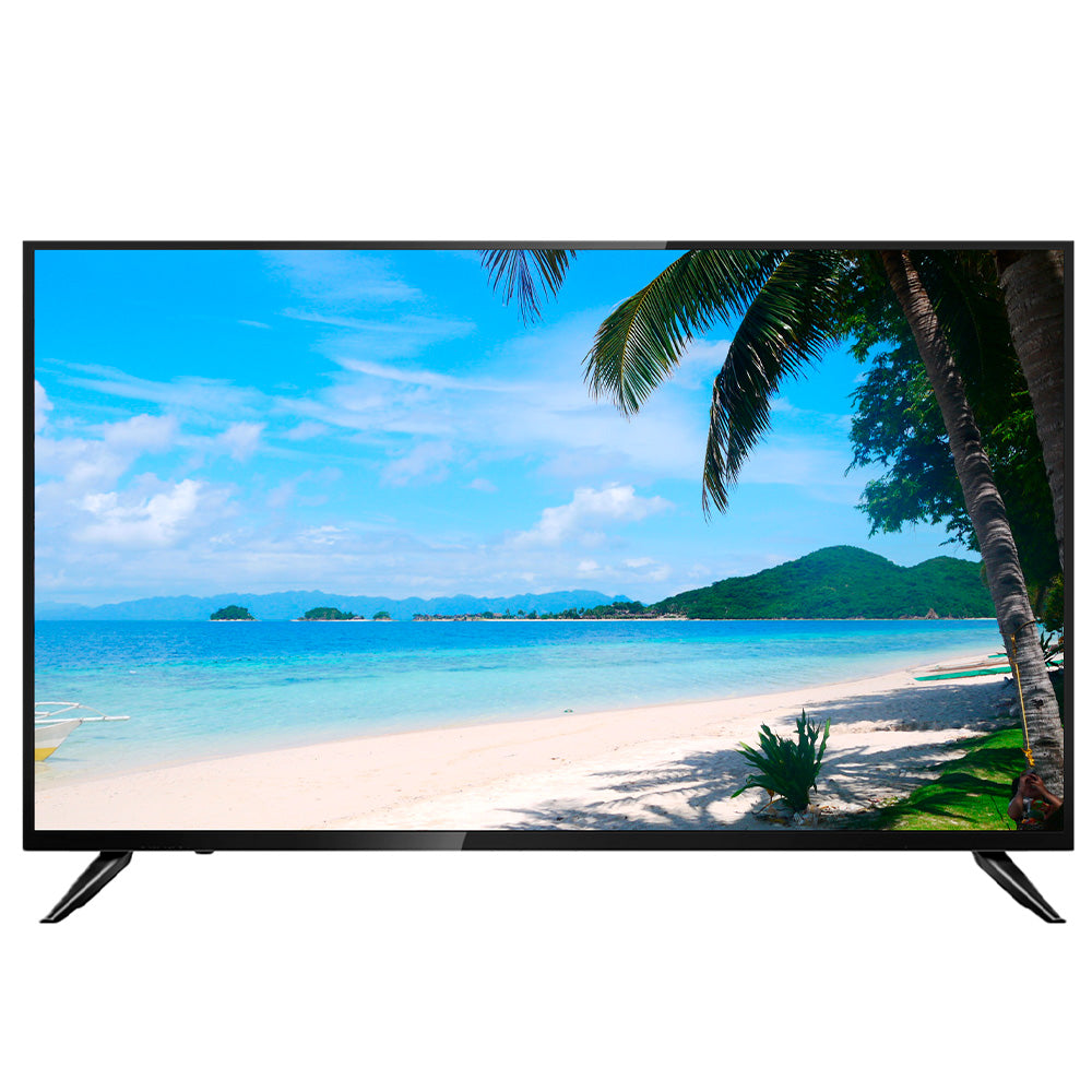 Pantalla LED plana encendida mostrando imagen de playa tropical, electrónica multimedia